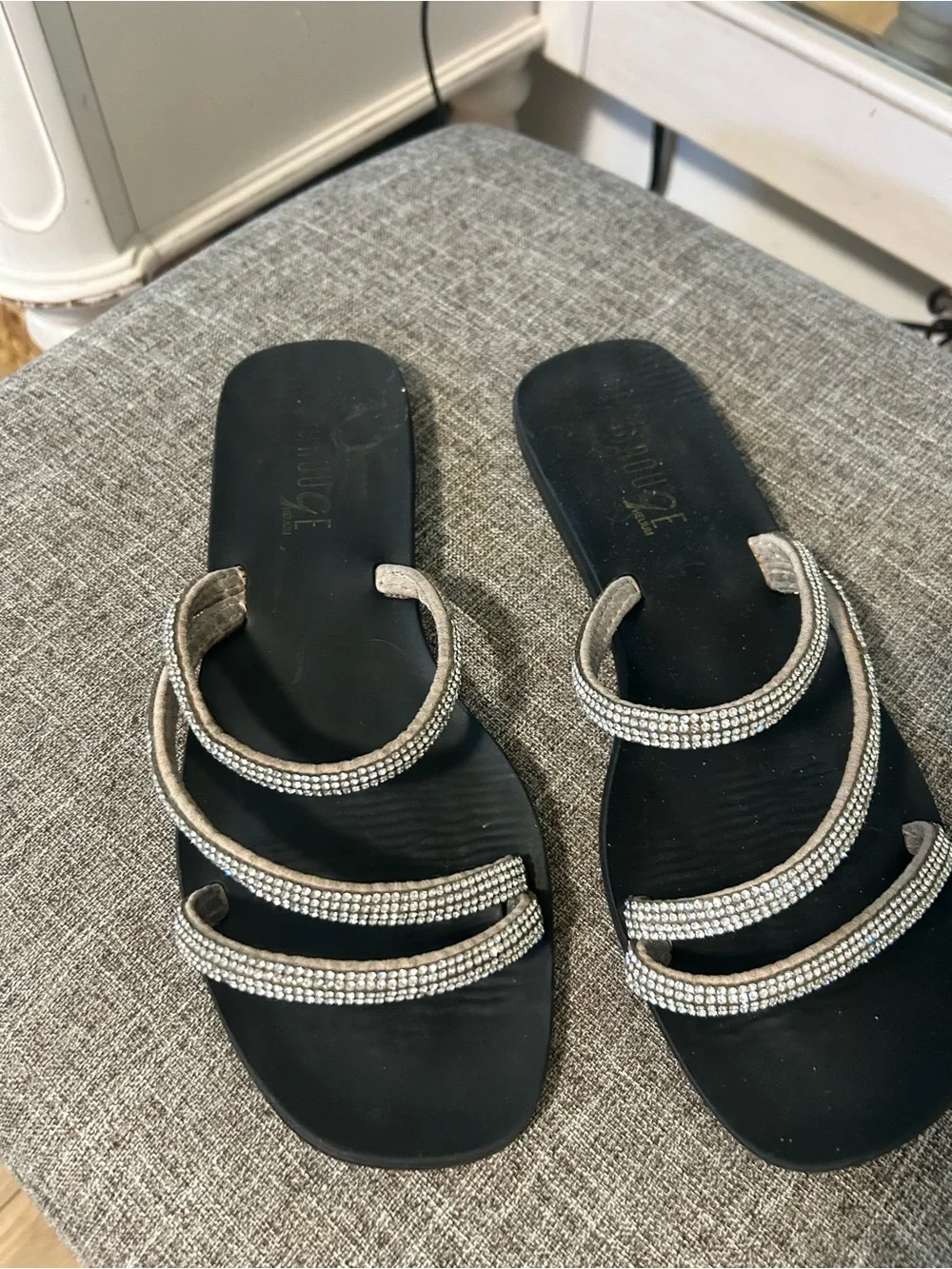 Women's Black Slide Sandals with Crystal-Strap Detail